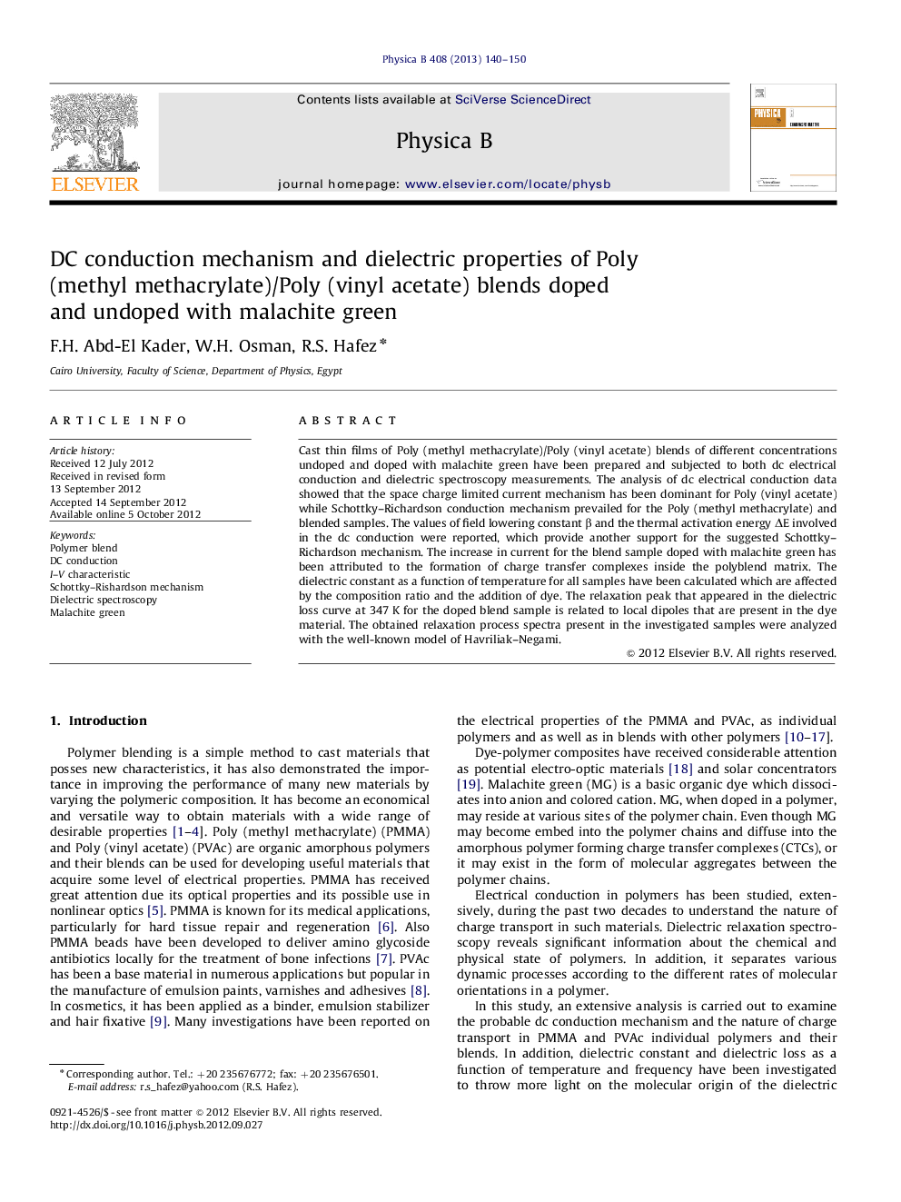 DC conduction mechanism and dielectric properties of Poly (methyl methacrylate)/Poly (vinyl acetate) blends doped and undoped with malachite green