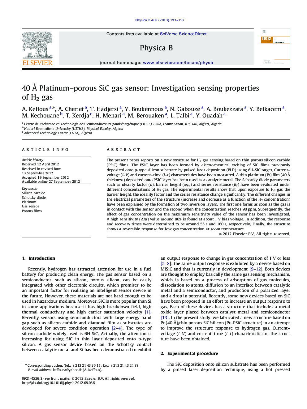 40 Å Platinum–porous SiC gas sensor: Investigation sensing properties of H2 gas