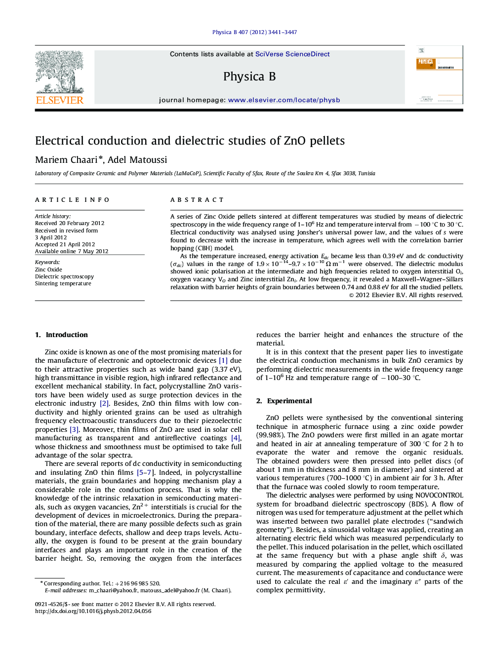عکس صفحه اول مقاله: Electrical conduction and dielectric studies of ZnO pellets Electrical conduction and dielectric studies of ZnO pellets
