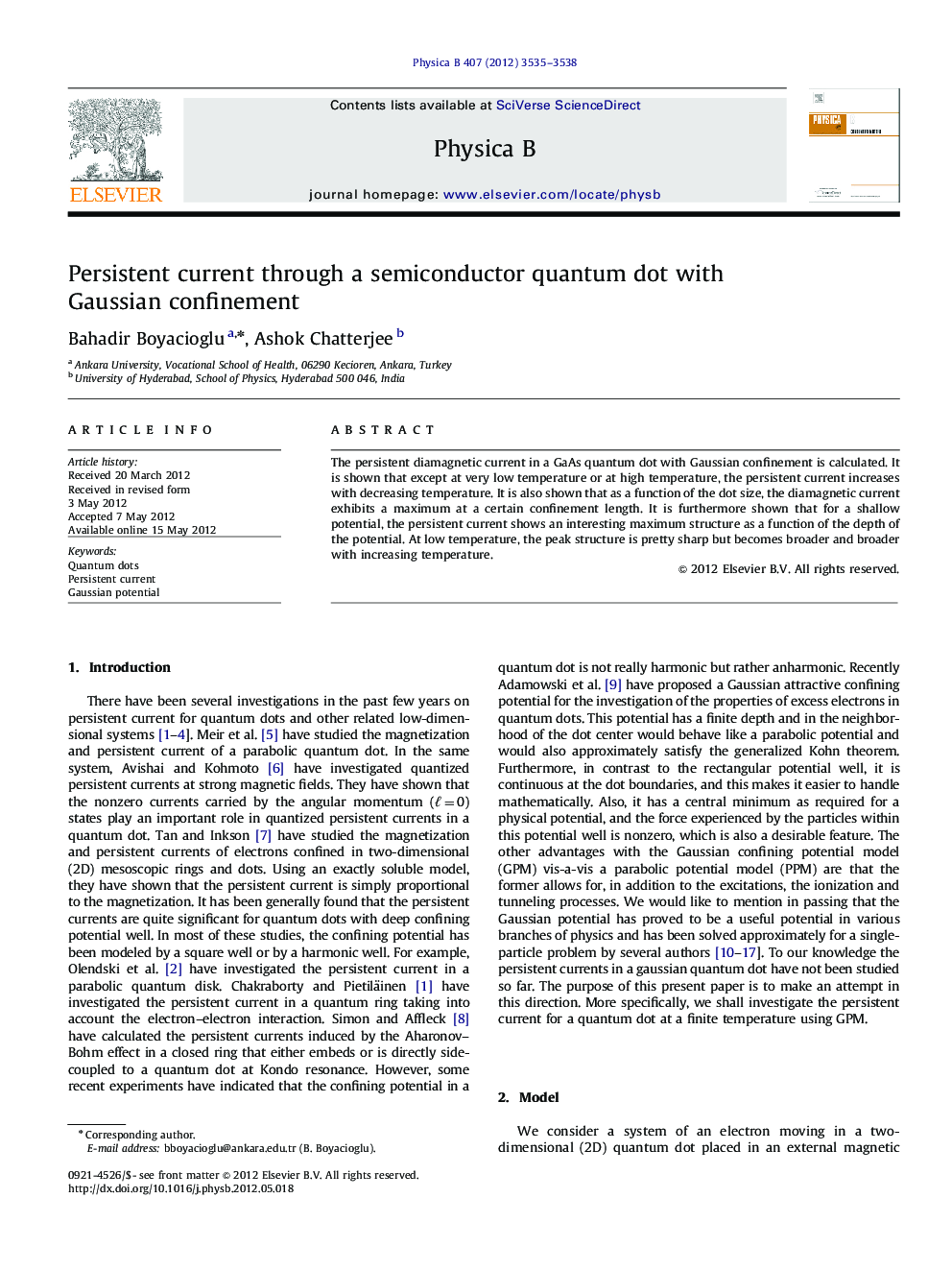 عکس صفحه اول مقاله: Persistent current through a semiconductor quantum dot with Gaussian confinement Persistent current through a semiconductor quantum dot with Gaussian confinement