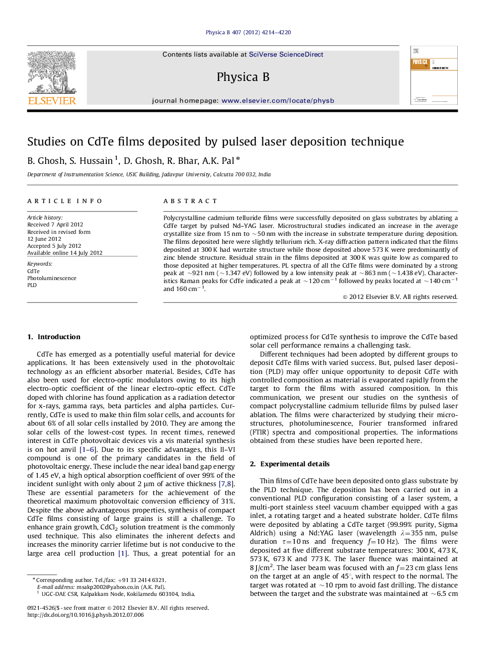Studies on CdTe films deposited by pulsed laser deposition technique