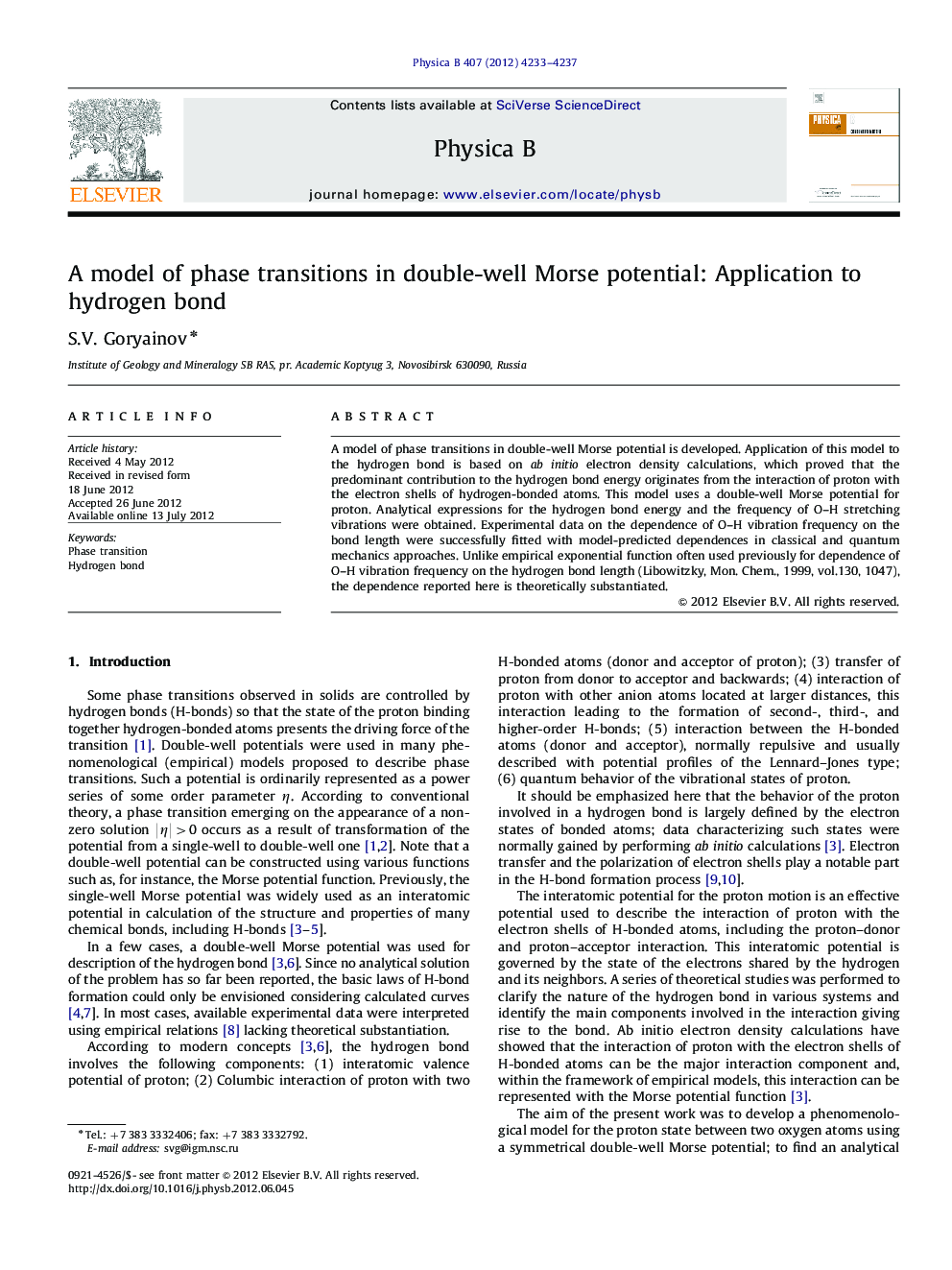 A model of phase transitions in double-well Morse potential: Application to hydrogen bond
