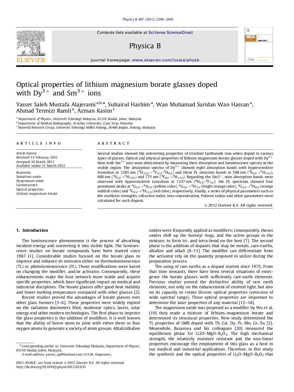 Optical properties of lithium magnesium borate glasses doped with Dy3+ and Sm3+ ions