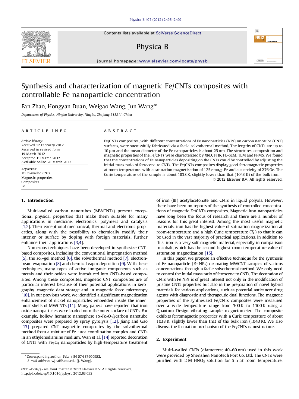 Synthesis and characterization of magnetic Fe/CNTs composites with controllable Fe nanoparticle concentration