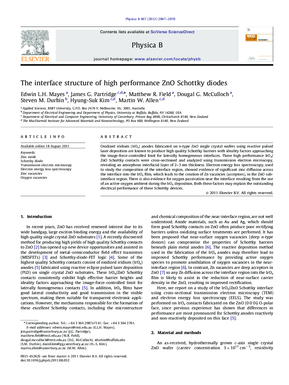 The interface structure of high performance ZnO Schottky diodes