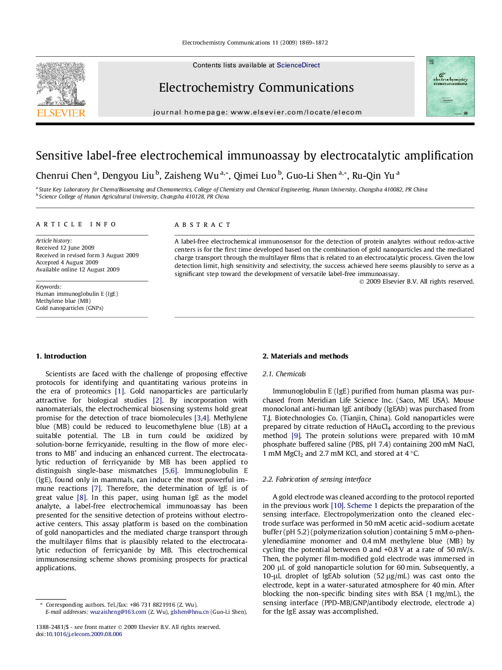 Sensitive label-free electrochemical immunoassay by electrocatalytic amplification