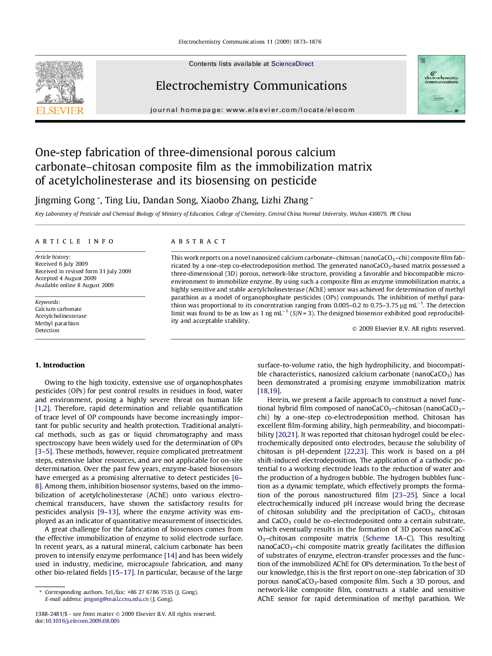 One-step fabrication of three-dimensional porous calcium carbonate–chitosan composite film as the immobilization matrix of acetylcholinesterase and its biosensing on pesticide