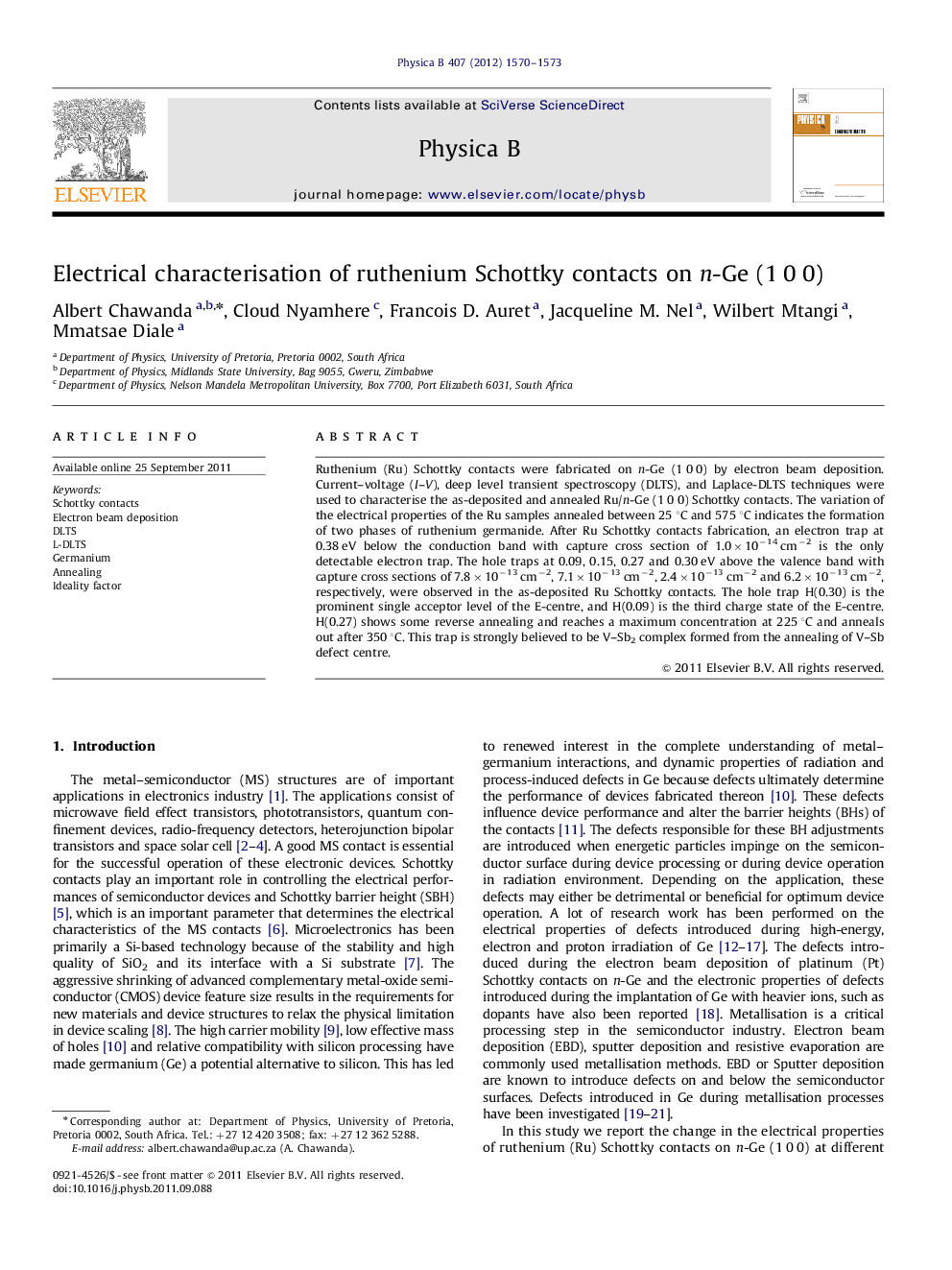 Electrical characterisation of ruthenium Schottky contacts on n-Ge (1 0 0)