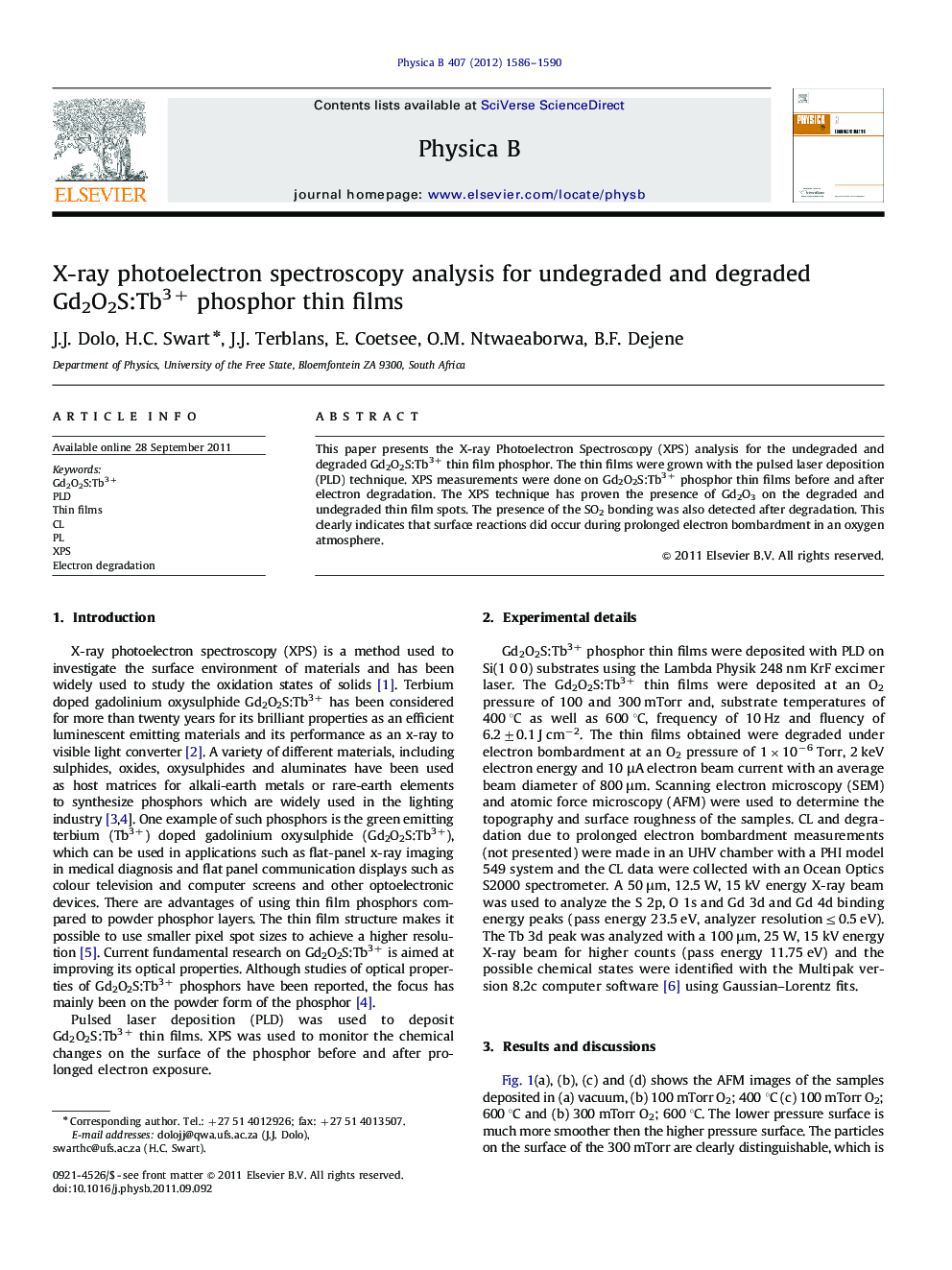 X-ray photoelectron spectroscopy analysis for undegraded and degraded Gd2O2S:Tb3+ phosphor thin films