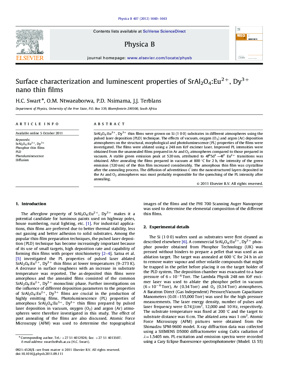 Surface characterization and luminescent properties of SrAl2O4:Eu2+, Dy3+ nano thin films