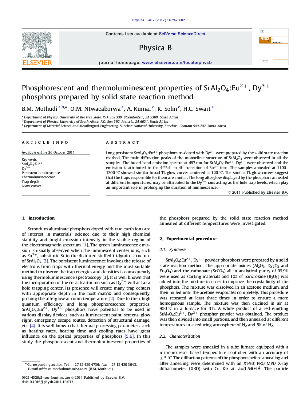 Phosphorescent and thermoluminescent properties of SrAl2O4:Eu2+, Dy3+ phosphors prepared by solid state reaction method