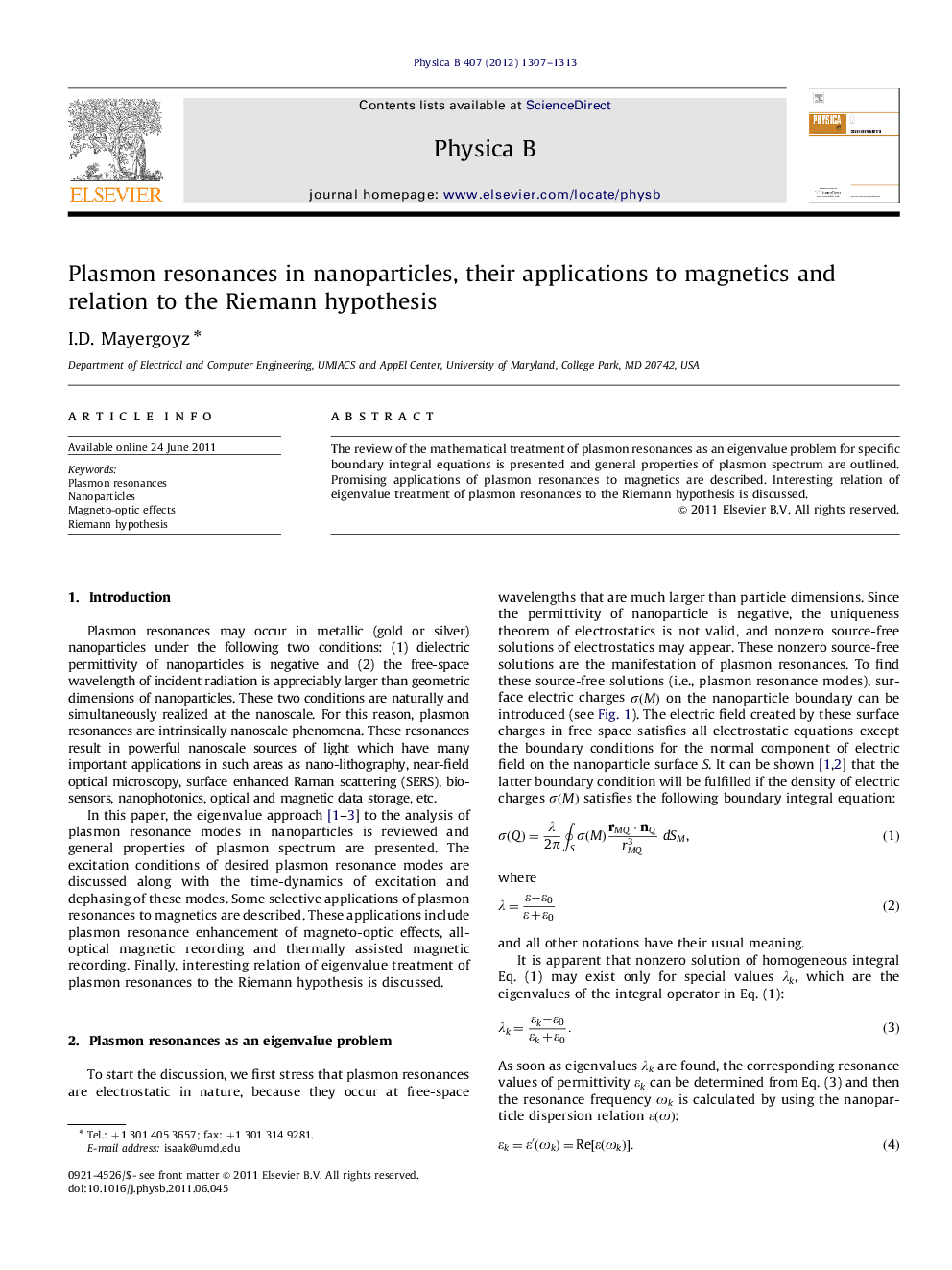 Plasmon resonances in nanoparticles, their applications to magnetics and relation to the Riemann hypothesis