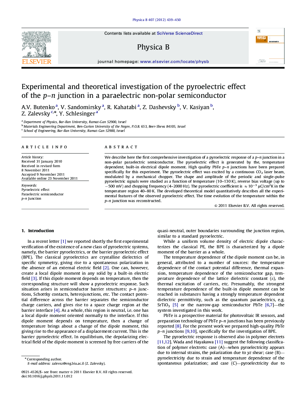 Experimental and theoretical investigation of the pyroelectric effect of the p-n junction in a paraelectric non-polar semiconductor