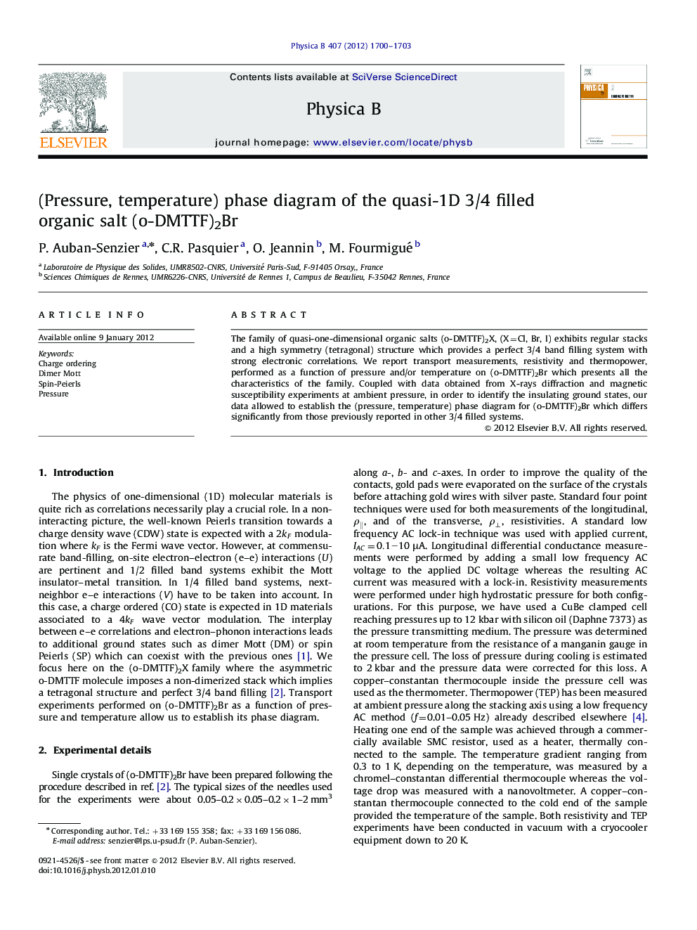 (Pressure, temperature) phase diagram of the quasi-1D 3/4 filled organic salt (o-DMTTF)2Br