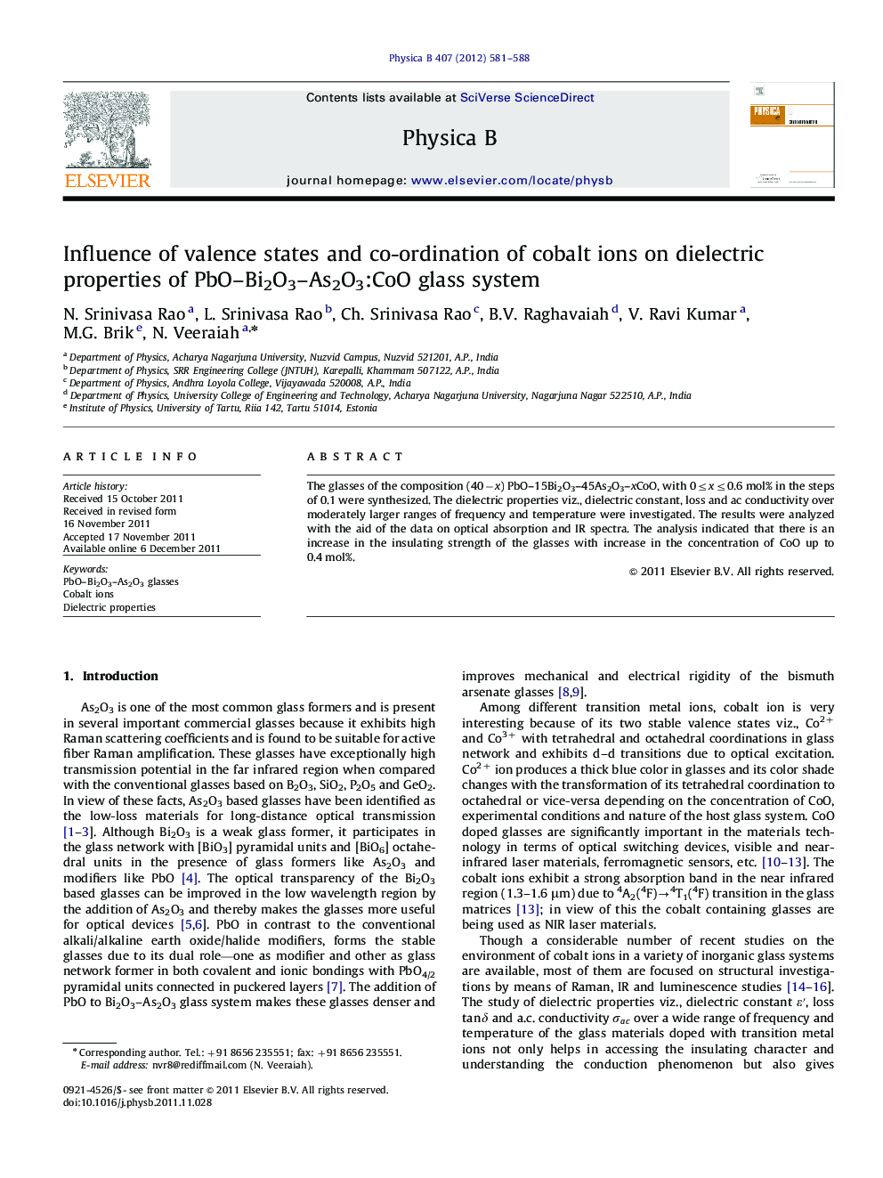 Influence of valence states and co-ordination of cobalt ions on dielectric properties of PbO–Bi2O3–As2O3:CoO glass system