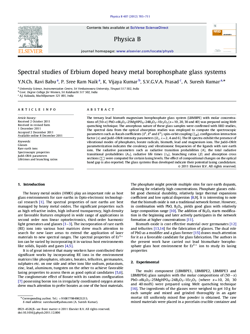 Spectral studies of Erbium doped heavy metal borophosphate glass systems