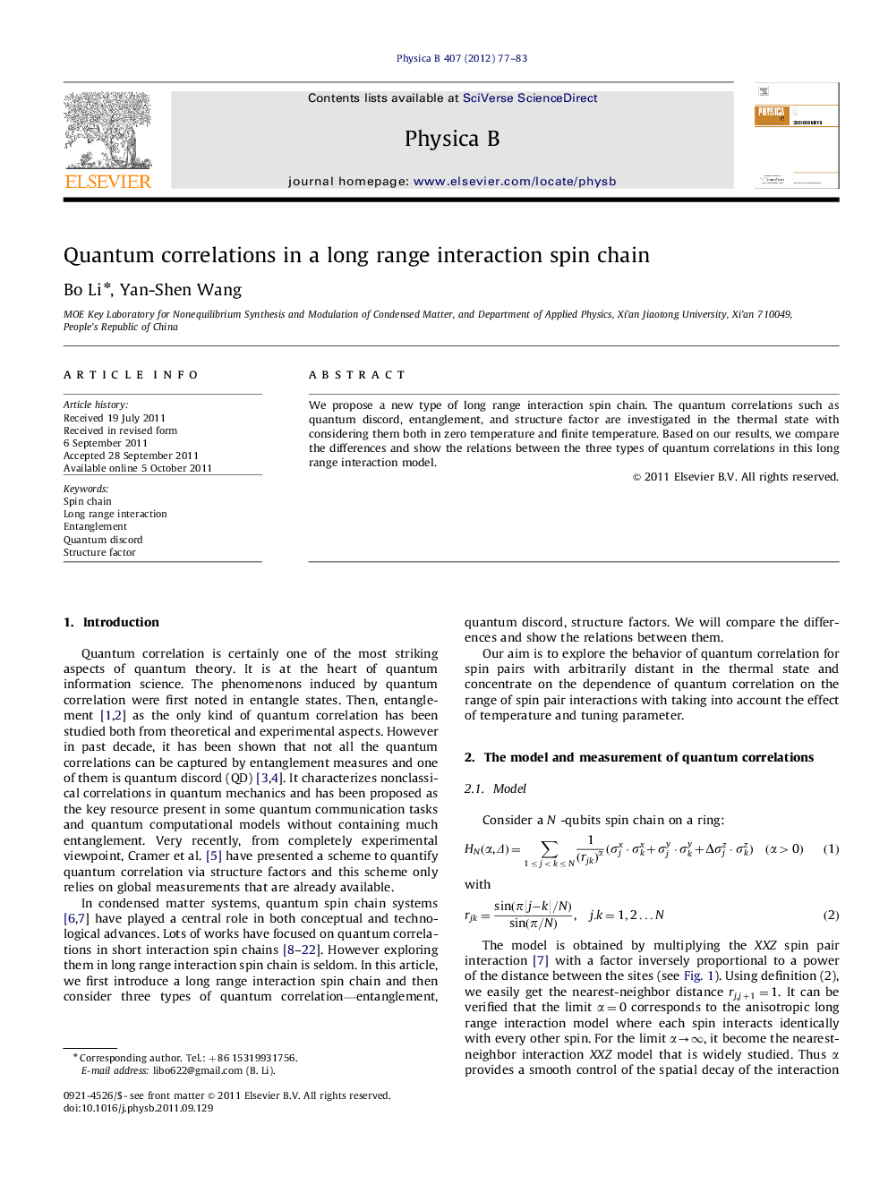 Quantum correlations in a long range interaction spin chain