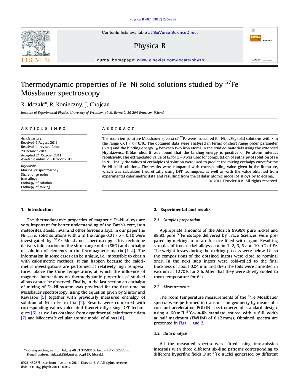 Thermodynamic properties of Fe–Ni solid solutions studied by 57Fe Mössbauer spectroscopy