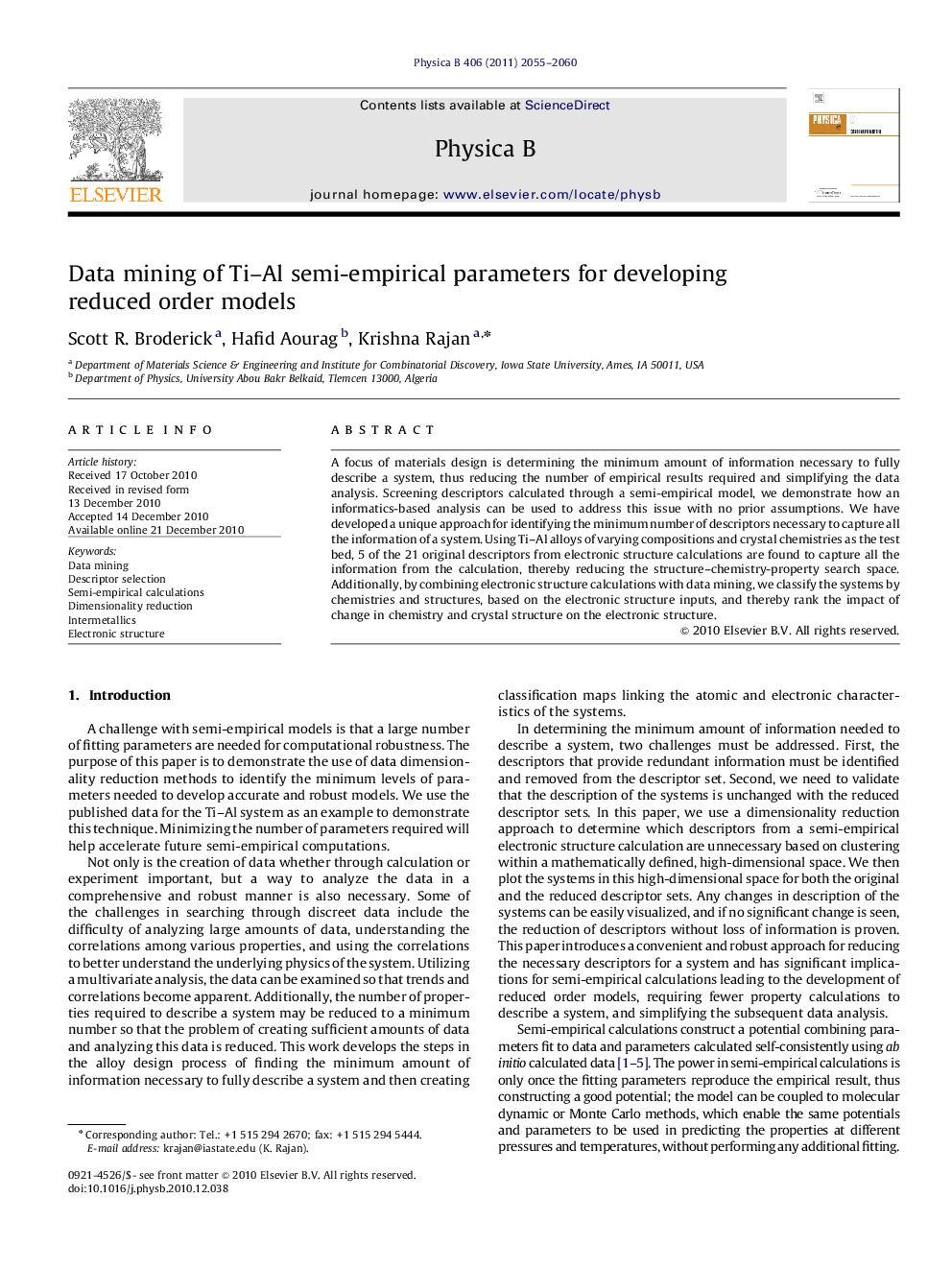 Data mining of Ti–Al semi-empirical parameters for developing reduced order models