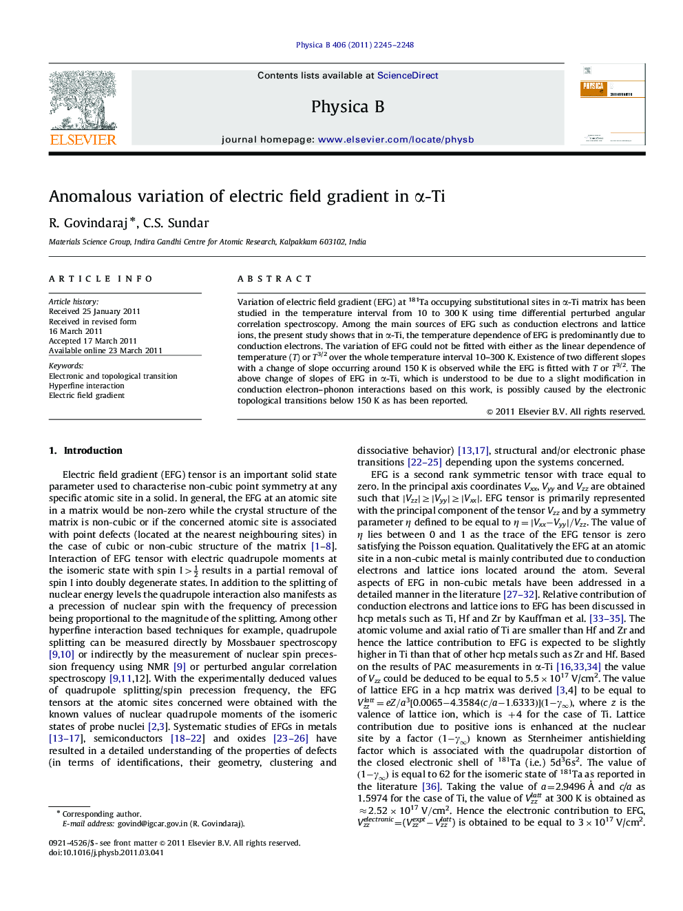 Anomalous variation of electric field gradient in α‐Tiα‐Ti