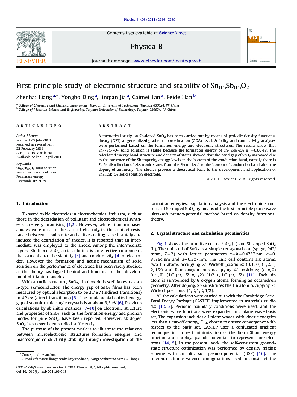 First-principle study of electronic structure and stability of Sn0.5Sb0.5O2