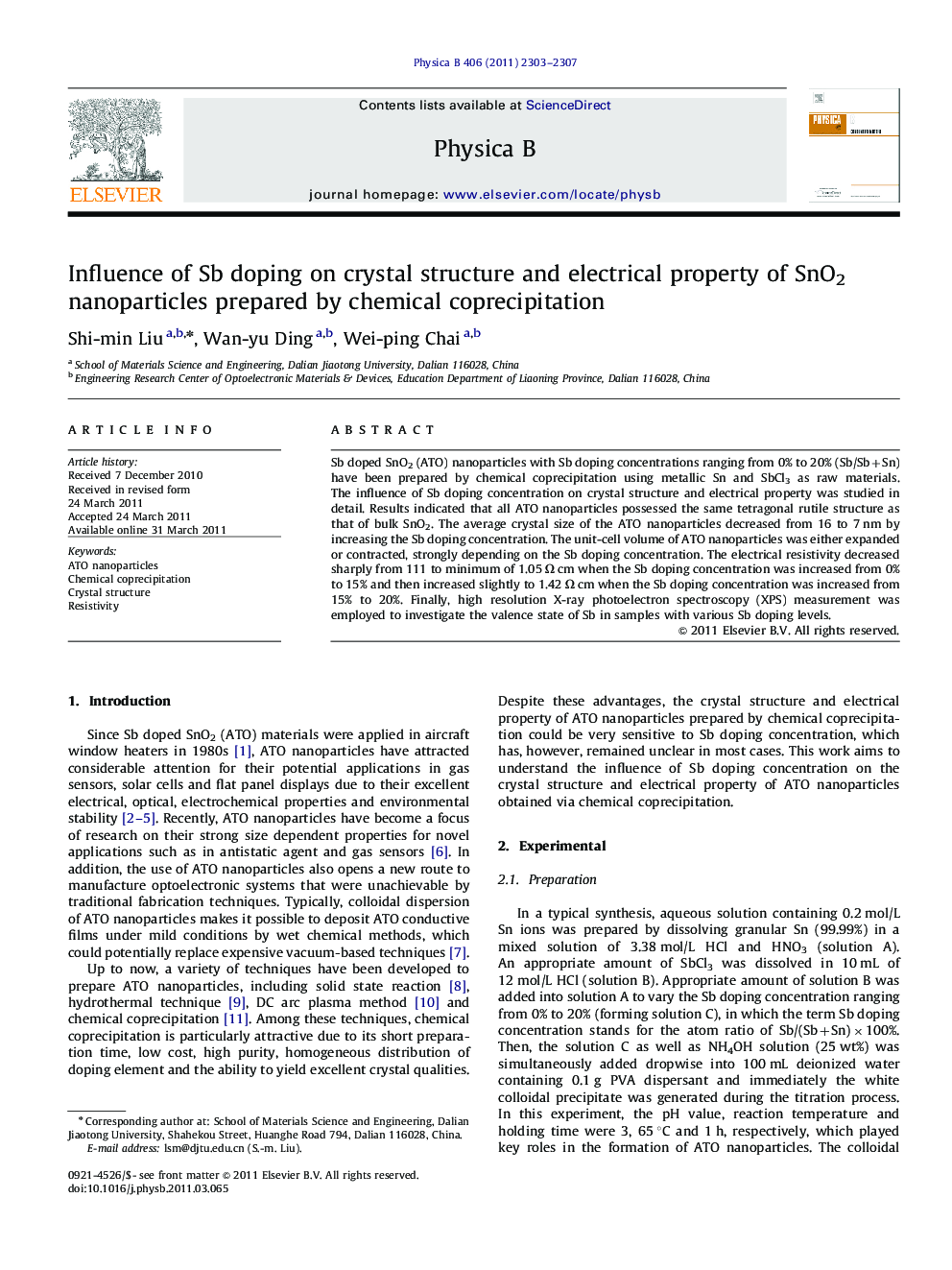 Influence of Sb doping on crystal structure and electrical property of SnO2 nanoparticles prepared by chemical coprecipitation