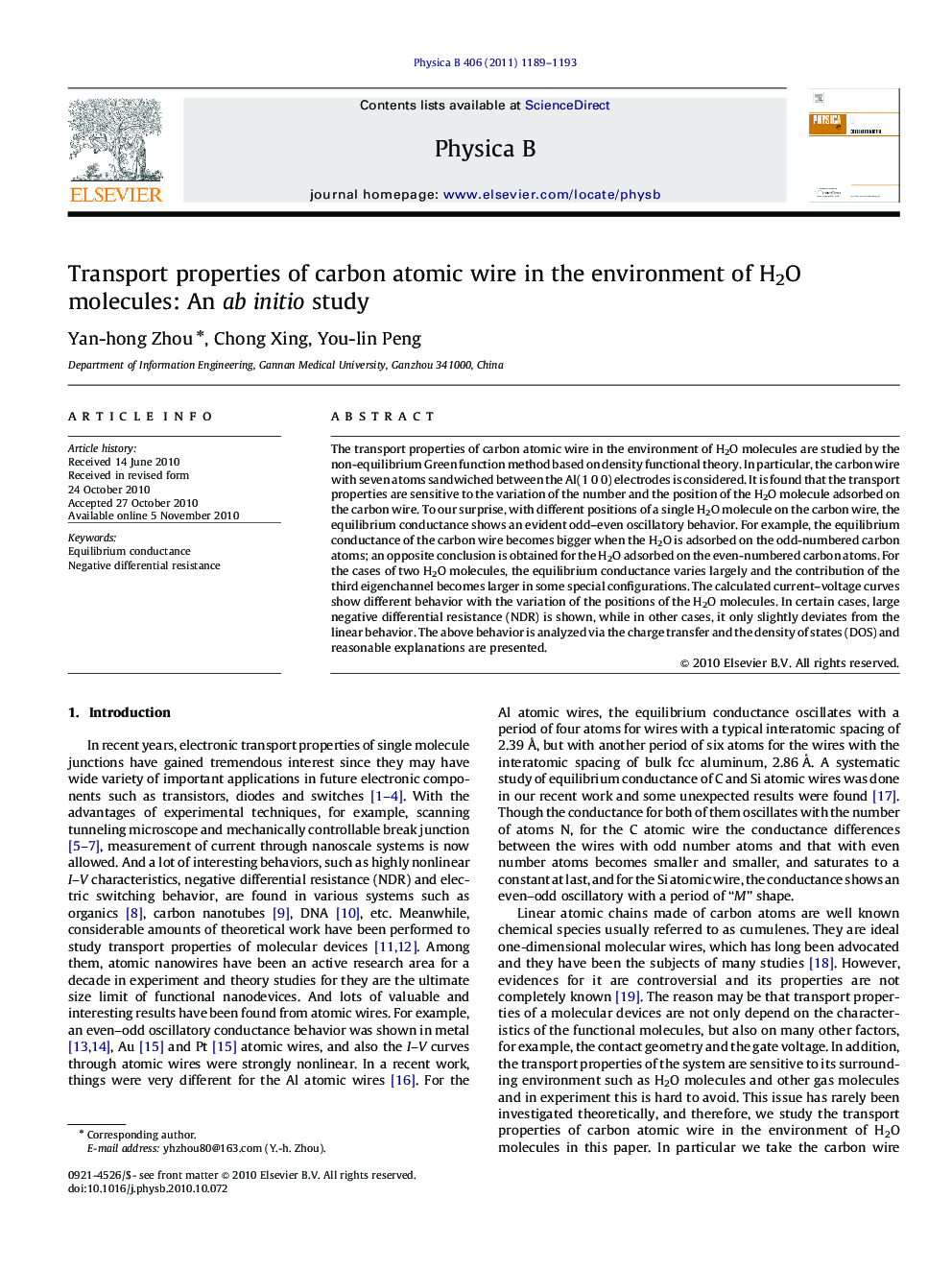 Transport properties of carbon atomic wire in the environment of H2O molecules: An ab initio study