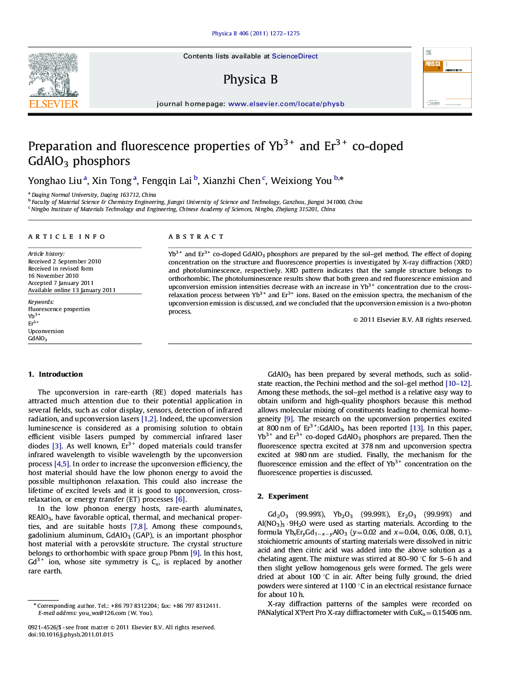 Preparation and fluorescence properties of Yb3+ and Er3+ co-doped GdAlO3 phosphors