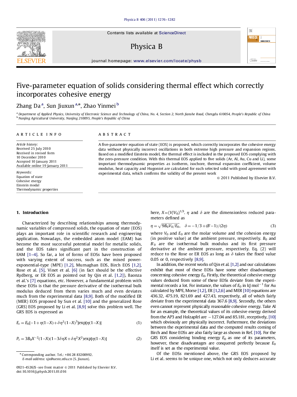 Five-parameter equation of solids considering thermal effect which correctly incorporates cohesive energy