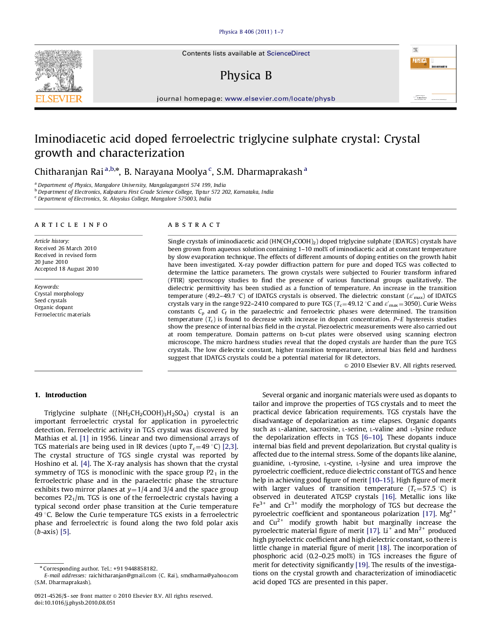 Iminodiacetic acid doped ferroelectric triglycine sulphate crystal: Crystal growth and characterization