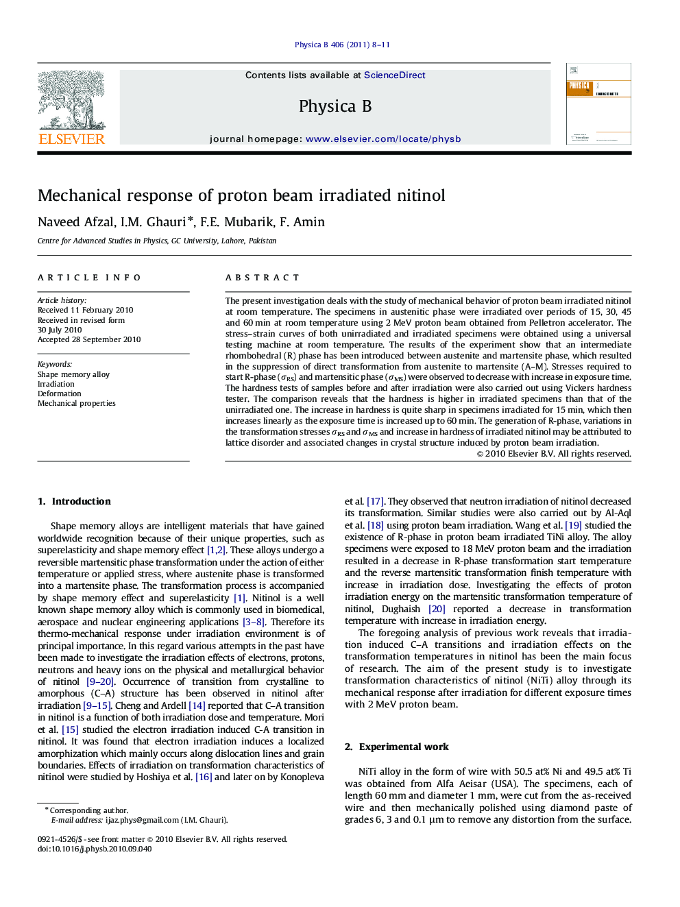 Mechanical response of proton beam irradiated nitinol