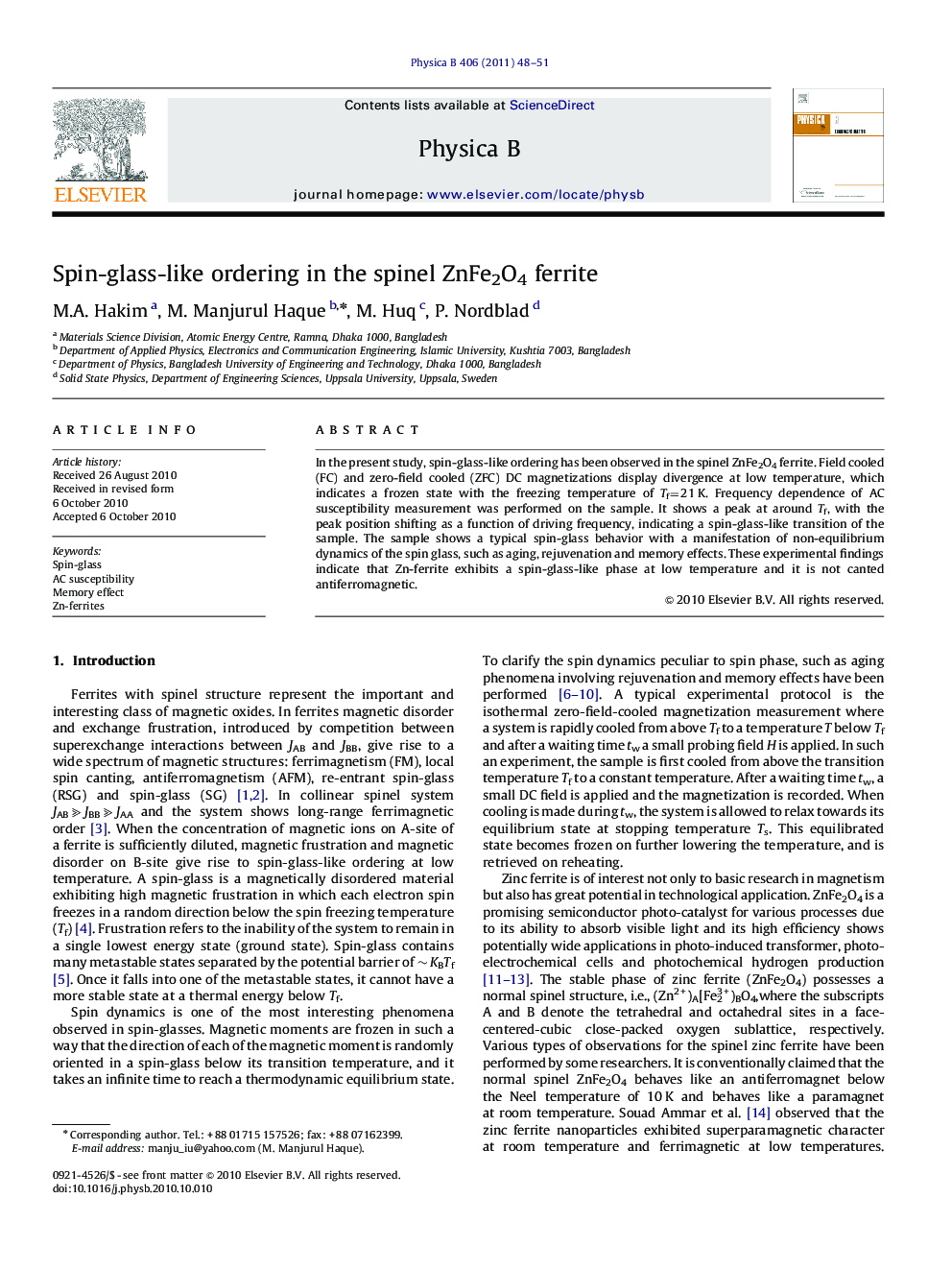 Spin-glass-like ordering in the spinel ZnFe2O4 ferrite