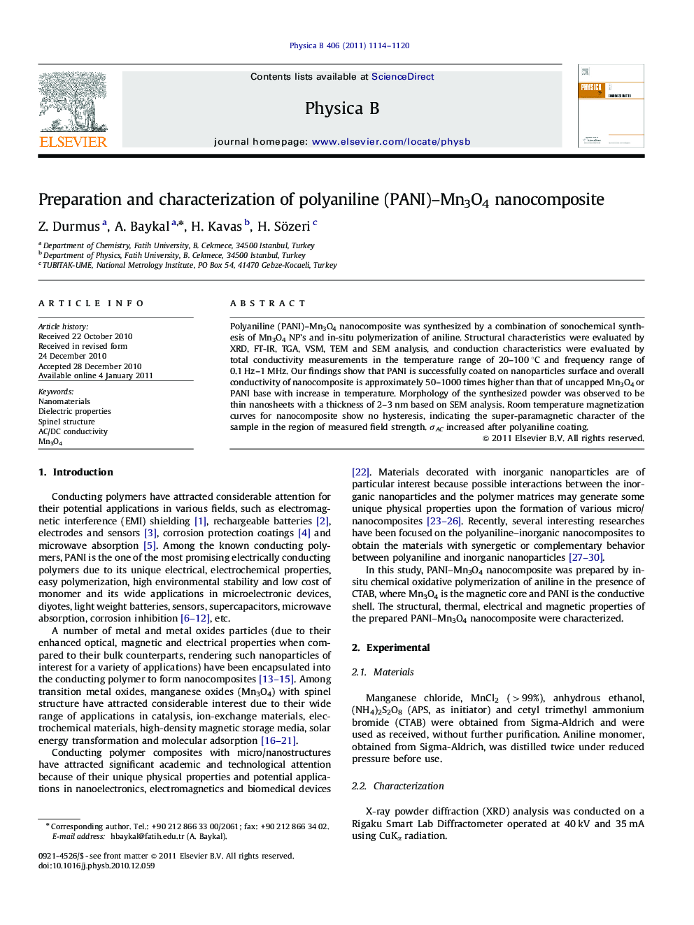 Preparation and characterization of polyaniline (PANI)–Mn3O4 nanocomposite