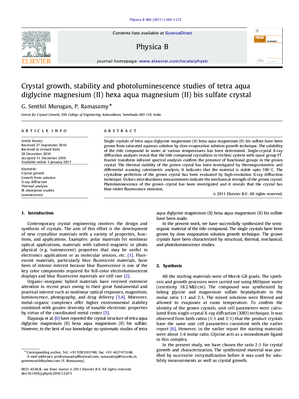 Crystal growth, stability and photoluminescence studies of tetra aqua diglycine magnesium (II) hexa aqua magnesium (II) bis sulfate crystal