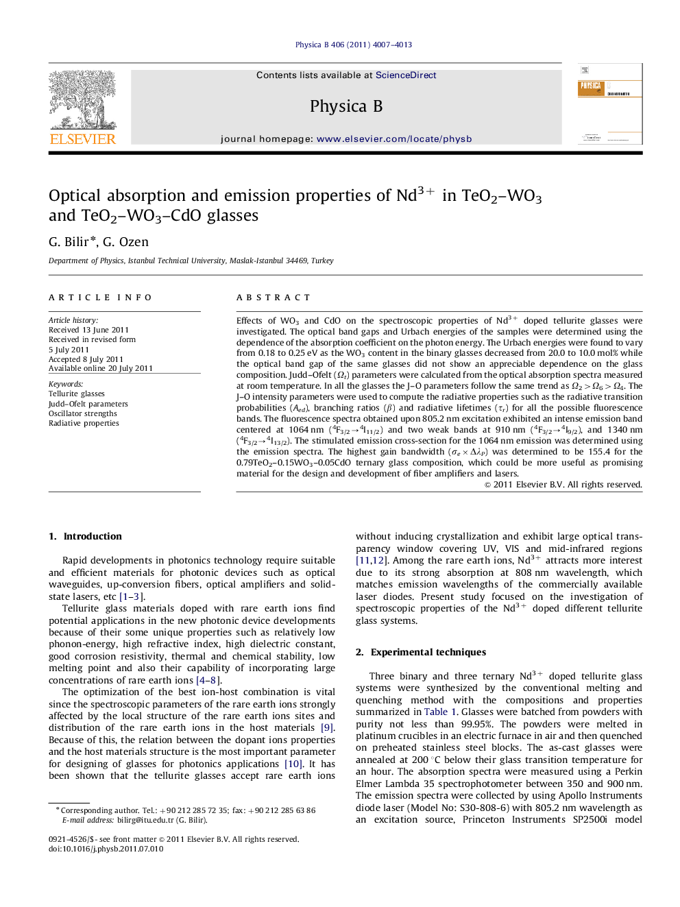 Optical absorption and emission properties of Nd3+ in TeO2–WO3 and TeO2–WO3–CdO glasses