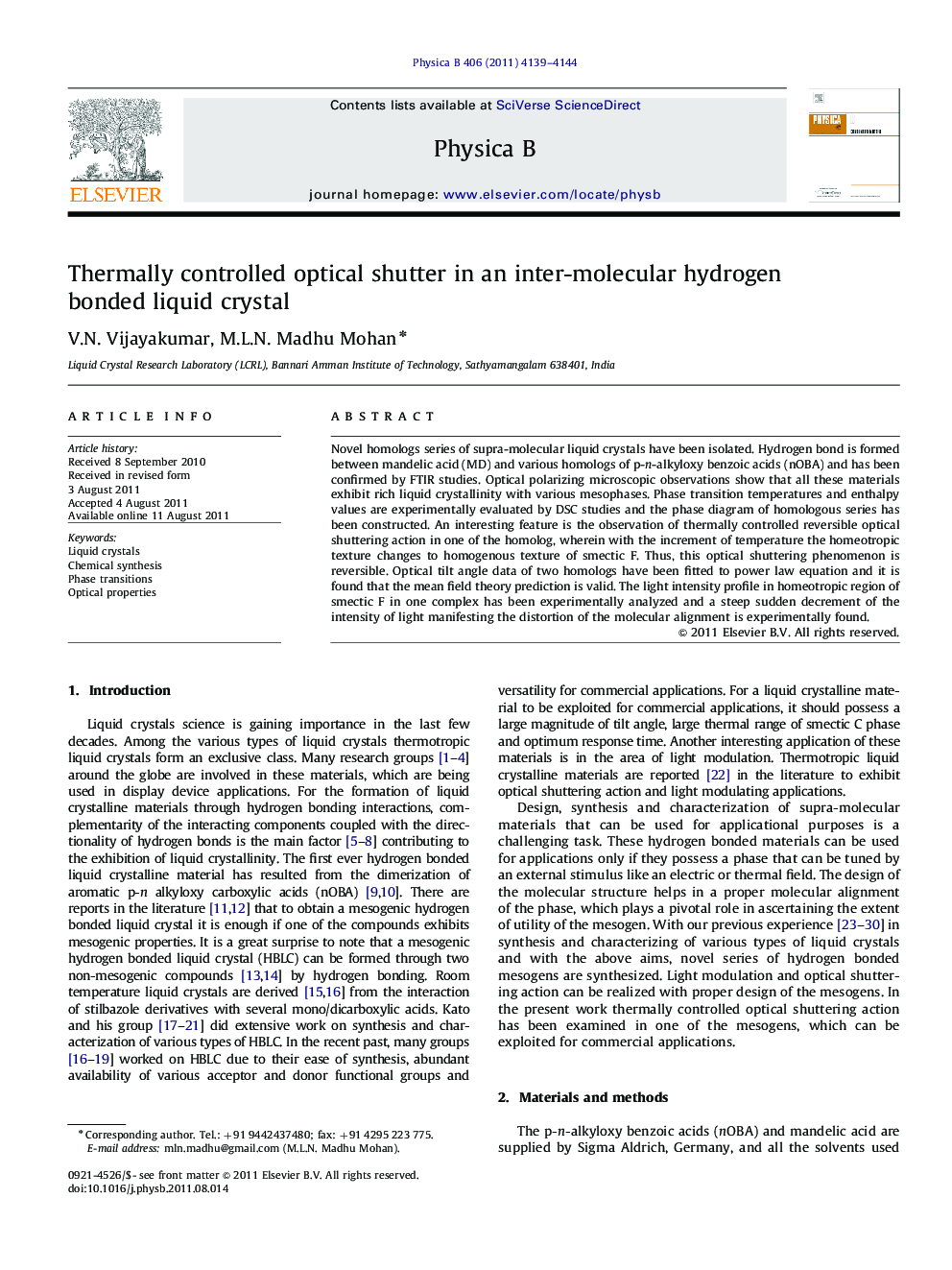 Thermally controlled optical shutter in an inter-molecular hydrogen bonded liquid crystal