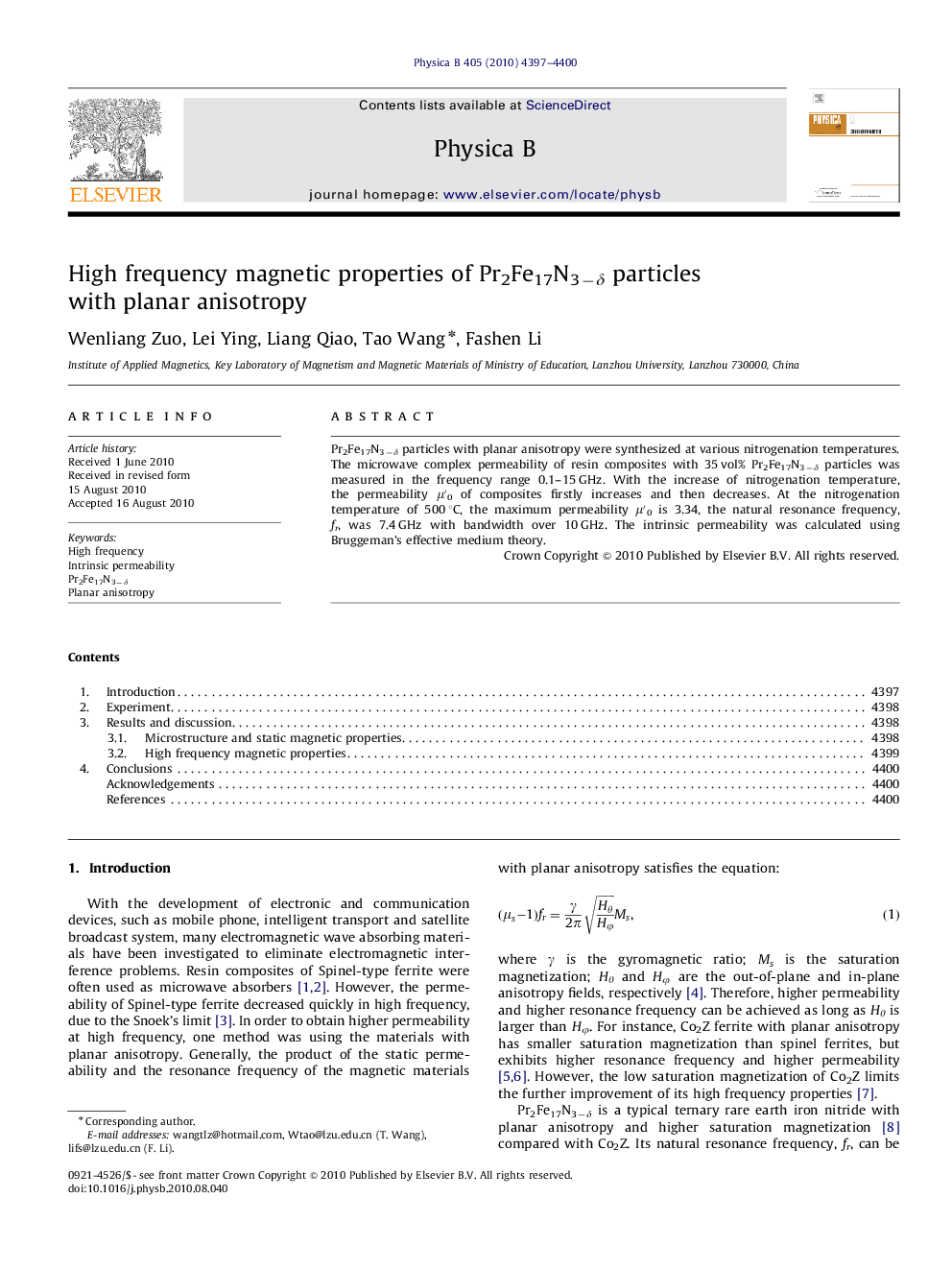 High frequency magnetic properties of Pr2Fe17N3âÎ´ particles with planar anisotropy