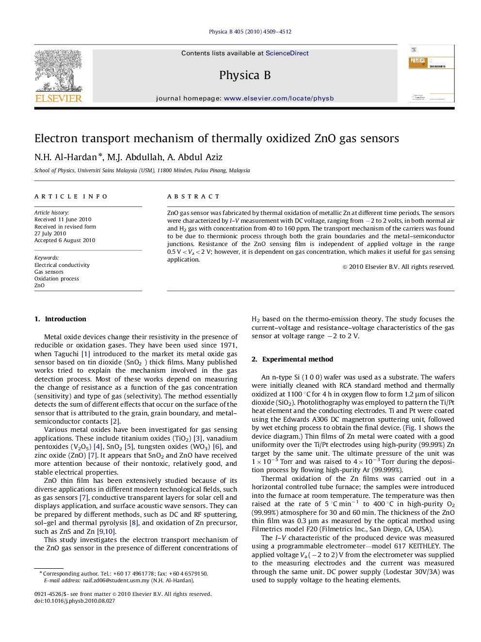 Electron transport mechanism of thermally oxidized ZnO gas sensors