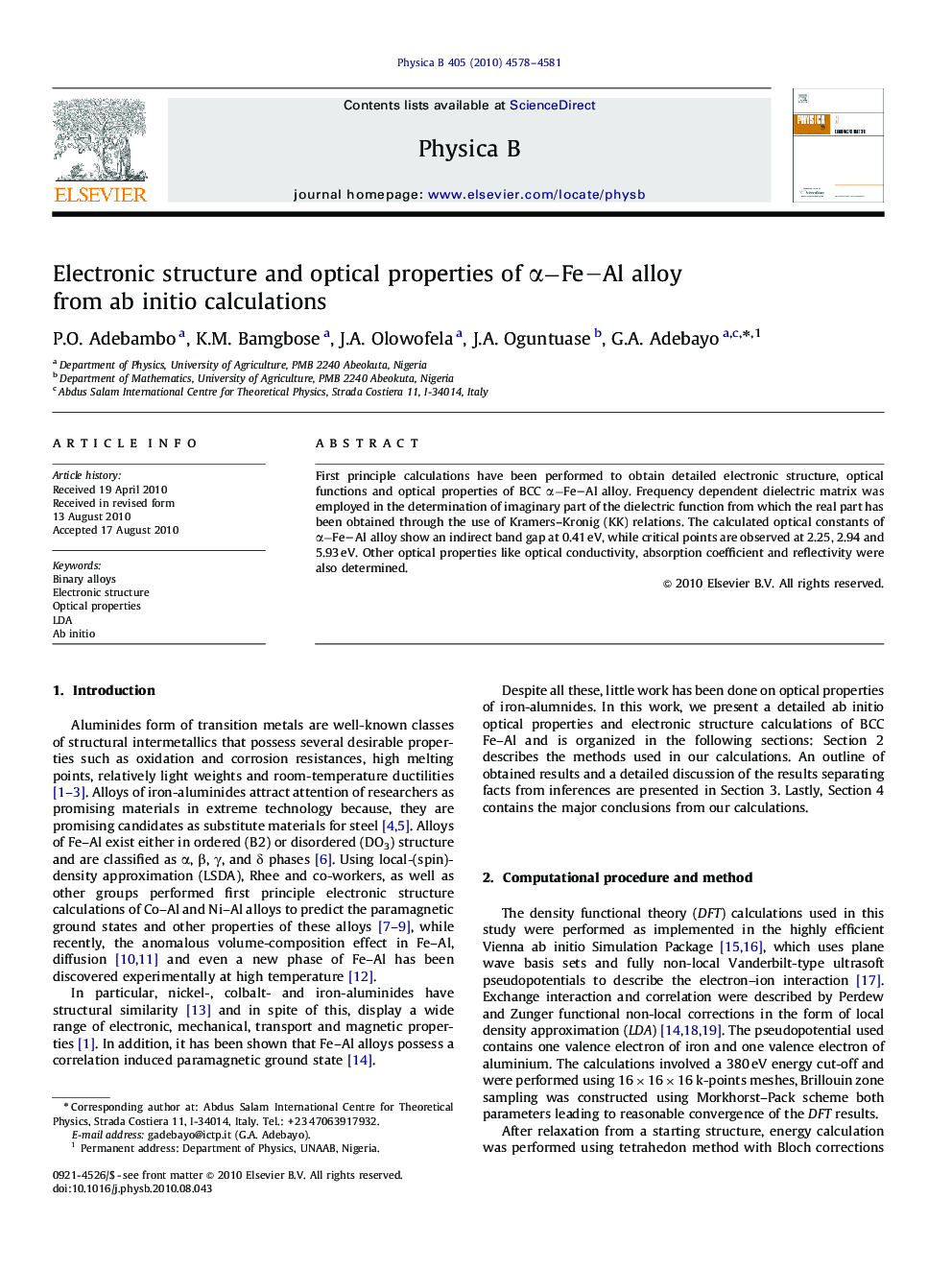 Electronic structure and optical properties of α-Fe–Al alloyα-Fe–Al alloy from ab initio calculations