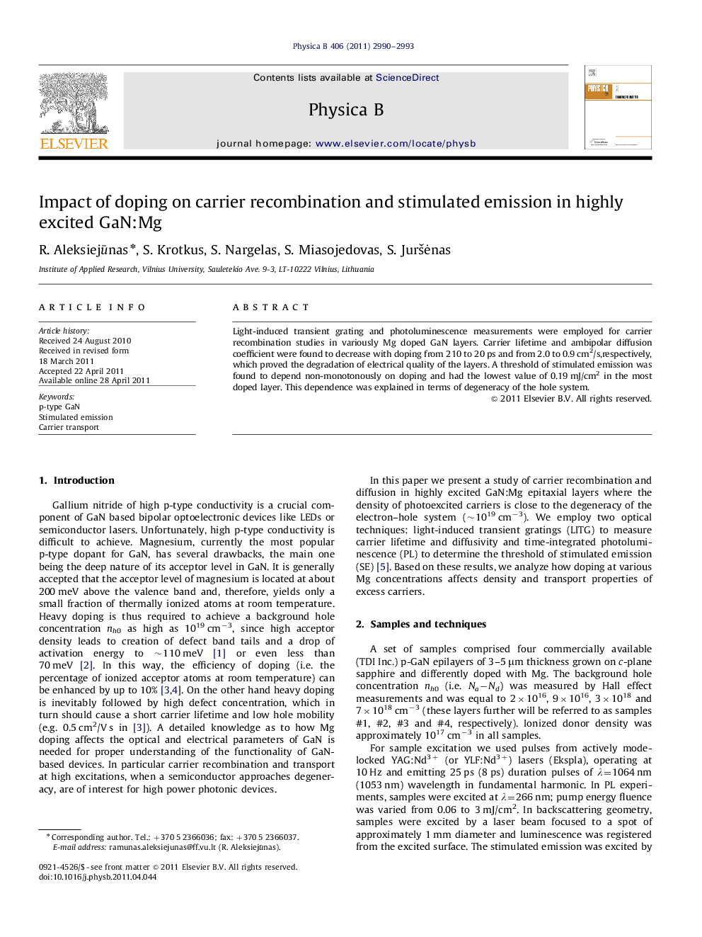 Impact of doping on carrier recombination and stimulated emission in highly excited GaN:Mg