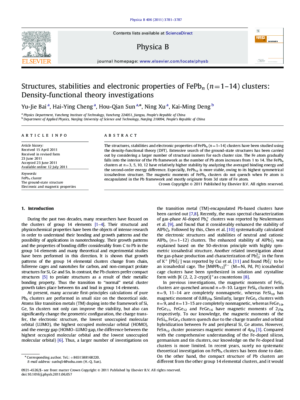 Structures, stabilities and electronic properties of FePbn (n=1–14) clusters: Density-functional theory investigations