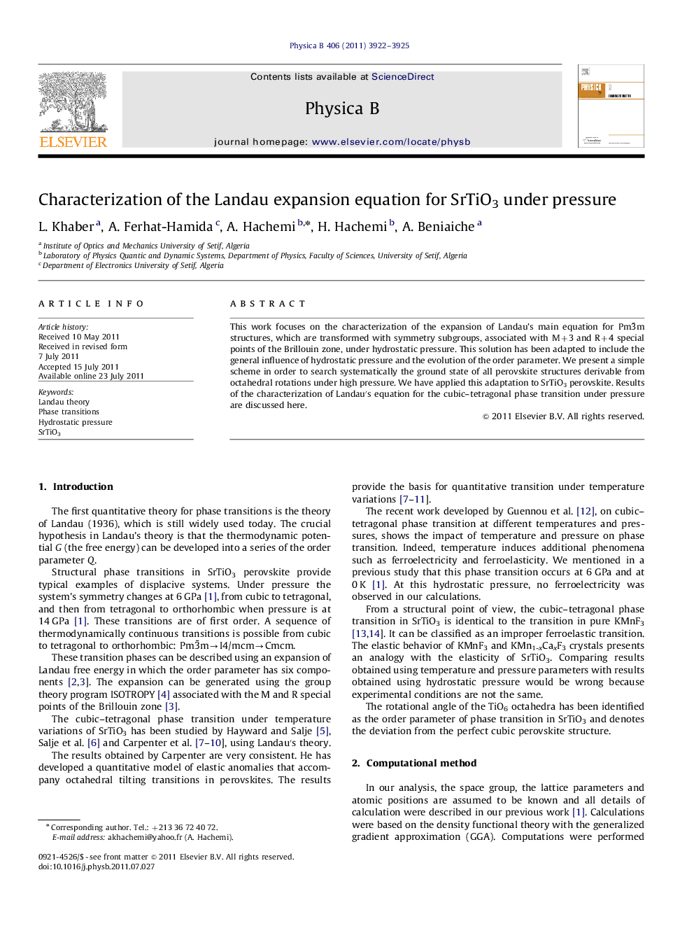 Characterization of the Landau expansion equation for SrTiO3 under pressure