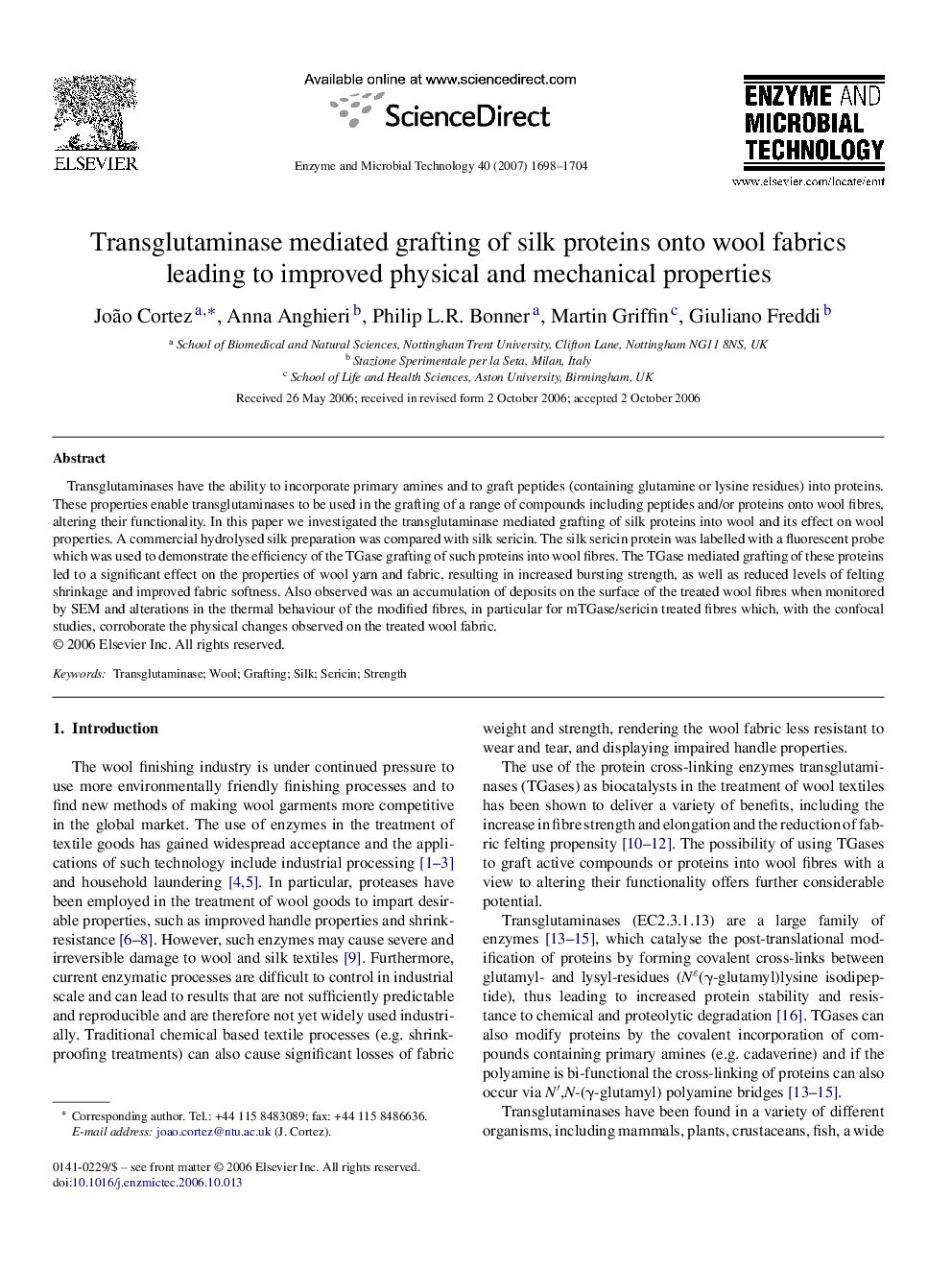 Transglutaminase mediated grafting of silk proteins onto wool fabrics leading to improved physical and mechanical properties