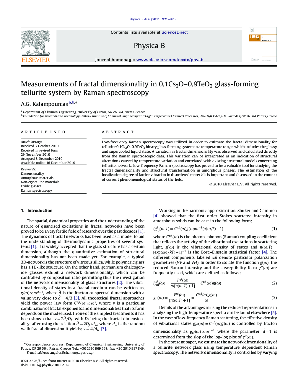 Measurements of fractal dimensionality in 0.1Cs2O–0.9TeO2 glass-forming tellurite system by Raman spectroscopy