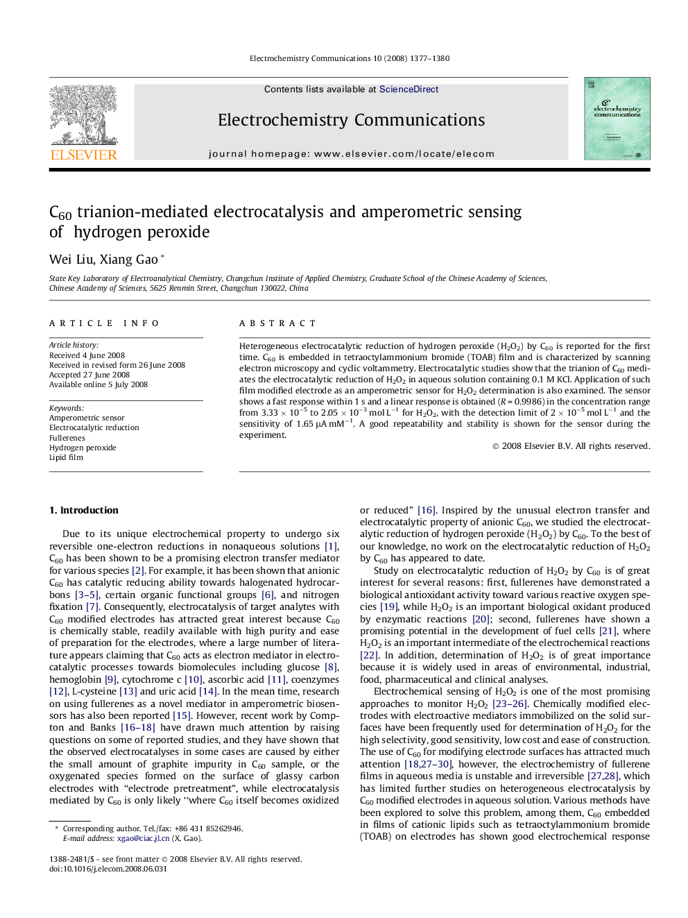 C60 trianion-mediated electrocatalysis and amperometric sensing of hydrogen peroxide