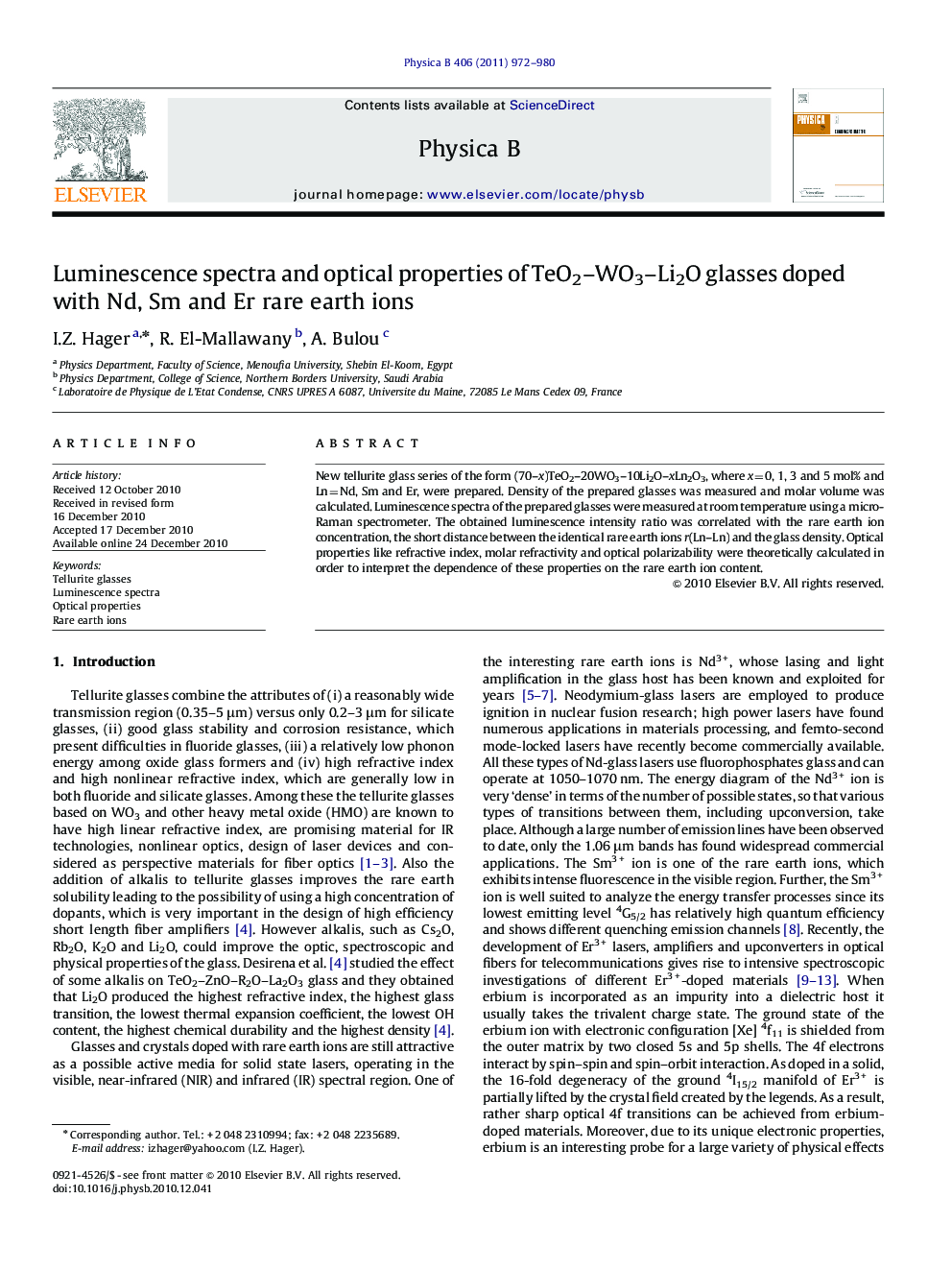 Luminescence spectra and optical properties of TeO2-WO3-Li2O glasses doped with Nd, Sm and Er rare earth ions