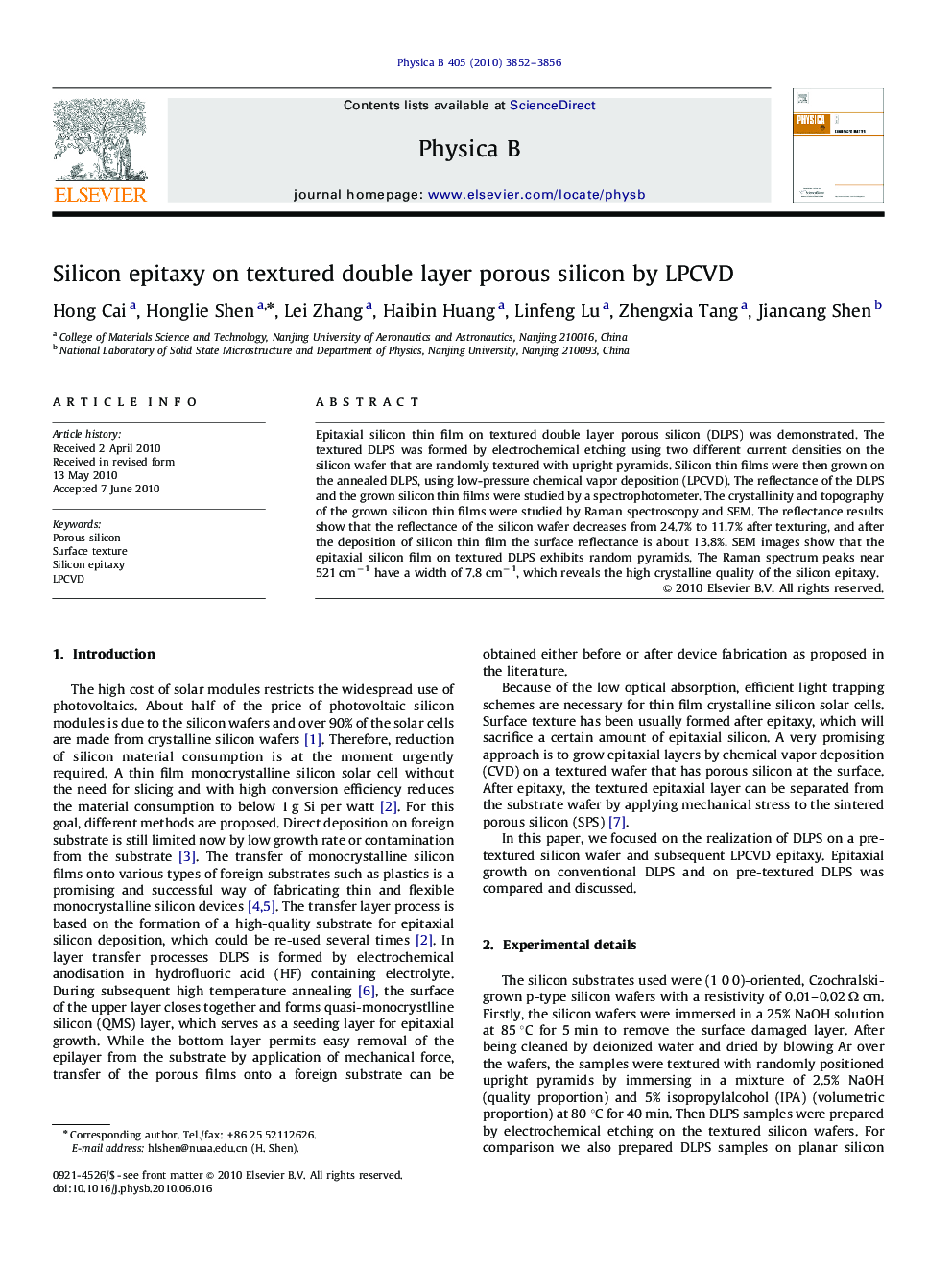 Silicon epitaxy on textured double layer porous silicon by LPCVD