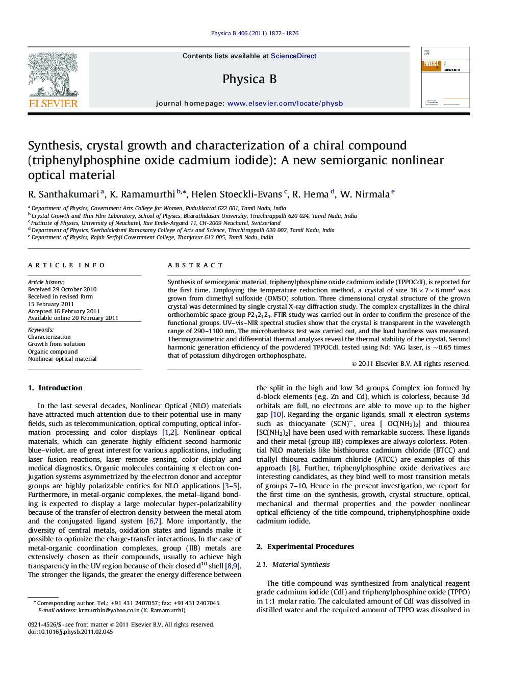 Synthesis, crystal growth and characterization of a chiral compound (triphenylphosphine oxide cadmium iodide): A new semiorganic nonlinear optical material