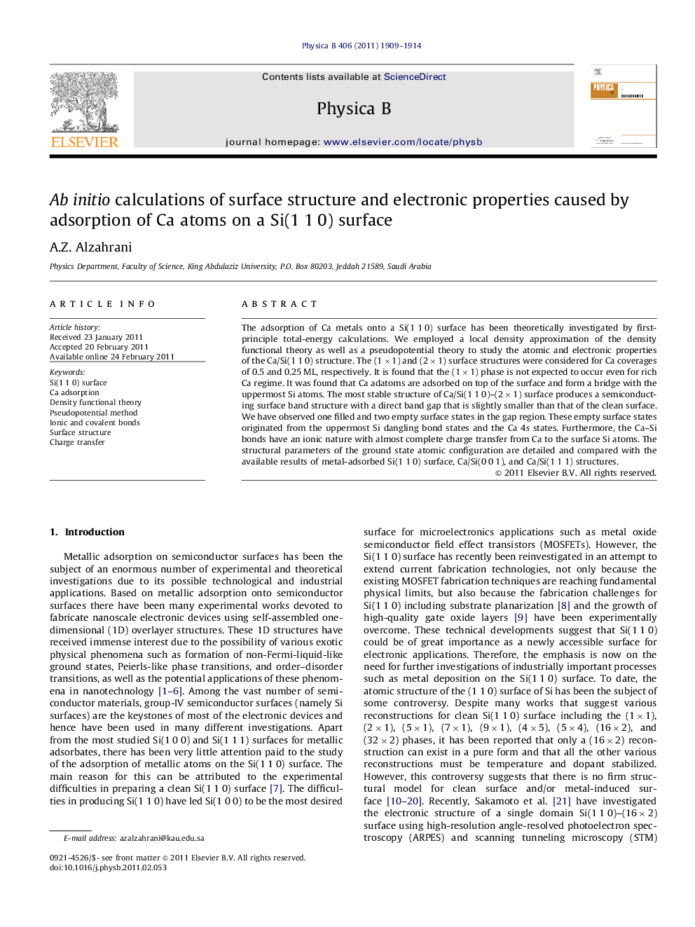 Ab initio calculations of surface structure and electronic properties caused by adsorption of Ca atoms on a Si(1Â 1Â 0) surface