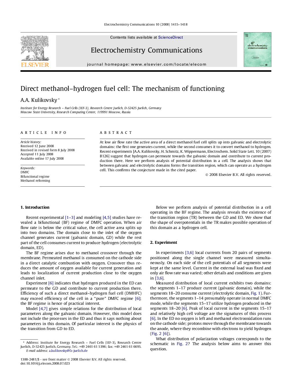 Direct methanol–hydrogen fuel cell: The mechanism of functioning